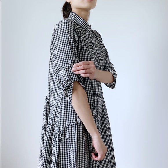 BLACK WHITE GINGHAM PLAID BUTTON DOWN MIDI DRESS - Picture 7 of 8